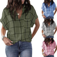 Spring and Summer New Fashion Womens Casual Loose Check Print Pocket V-Neck Short-Sleeved Plus Size Pullover T-Shirt for Girls