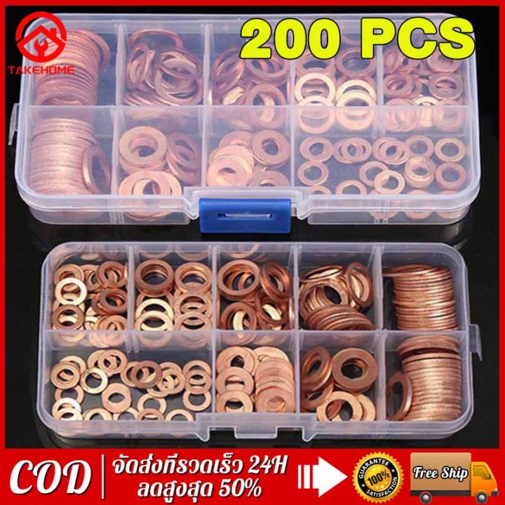 200pcs-ทองแดงเครื่องซักผ้าปะเก็นอ่อนนุชและชุดสลักเกลียวแหวนแบนชุดการจัดประเภทพร้อมกล่อง-m8-m10-m12-m14-สำหรับ-sump-plugs