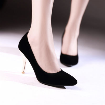 Plus Size Spring Women Pumps Kitten Spike High Heels Black Red Flock Autumn Casual Office Ladies Dress Slip-on Pointed Toe Shoes
