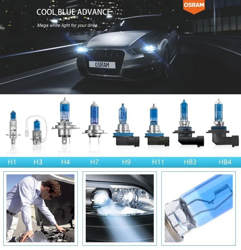 OSRAM Cool Blue Advance H7 Halogen Cool Blue White Xenon Look Auto  Headlight Car Light Bulbs