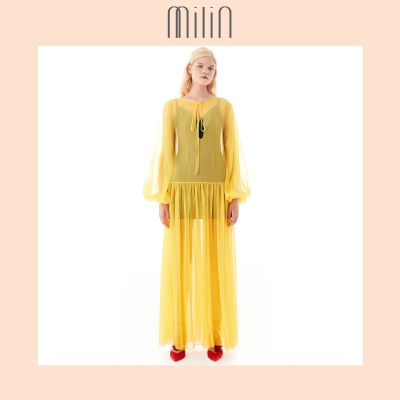 [MILIN] Long balloon sleeve chiffon pullover dress with split neckline tight slit เดรสผ้าโปร่ง ชีฟอง ตัวยาว แขนบอลลูน ผ่าสูง Yellow/Pink สีเหลือง/ สีชมพู Ru Yi Dress