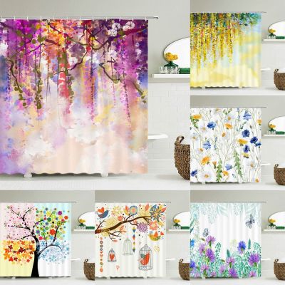 Flower Plant Fresh Pattern Shower Curtain Waterproof Fabric Bathroom Decoration Shower Curtain Various Sizes Shower Curtain