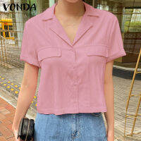 VONDA เสื้อคอปกคอตั้งลำลองสำหรับผู้หญิงเสื้อเสื้อปาดไหล่แขนสั้นแฟชั่น (ลำลองเกาหลี)