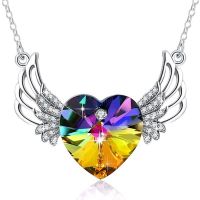 Silver Angel Wing Heart Necklace Crystals for Women Girl Guardian Pendant Dainty Jewelry