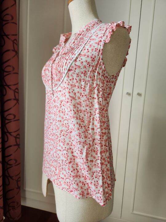 เสื้อ-blouse-แขนกุด-ลายดอก-สีชมพู-คอจีน-มือสอง-มือ-2-ตรุษจีน