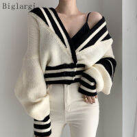 Autumn Winter Knitted Cardigan Stripe Sweater Women V Neck Korean Style Woman Off Shoulder Crop Sweaters Cardigans Tops 2021