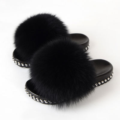 Fur Slippers Women Real Fox Fur Slides Fluffy Slippers Home Luxury Flip Flop With Fur Ladies Summer Platform Sandals Shoes Women