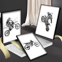 ◕ Motocross โปสเตอร์สีน้ำสำหรับ Wall Art สีดำและสีขาวรถจักรยานยนต์ Racer Motorsport โปสเตอร์ผ้าใบตกแต่ง Boys Room Decor