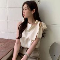 ‘；’ MEXZT Solid Elegant Blouse Women Office Irregular Tie Bow Chic Shirts Ladies Sleeveless Loose Simple All Match Chiffon Tops New