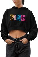 Janhavi Womens Preppy Pink Crop Top Hoodie Aesthetic Long Sleeve Cropped Hoodie Sweatshirt Cute Hoody Pullover for Teen Girls