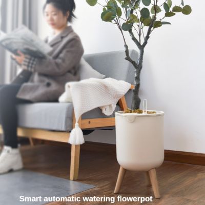 Nordic Style Indoor Imitated Wooden Bracket Flower Pot Automatic Self-Watering Planter Vase with Water Level Indicator Drop ship