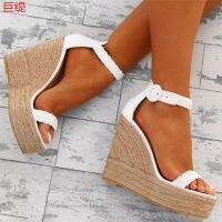 Summer Sexy Shoes For Women Sandals PU Wedges Heel Buckle Strap Ankle Strap Weave heel Dress Womens Shoes White