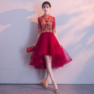 ความแปลกใหม่จีนหญิงยาวQipaoแต่งงานสีแดงOrientalเจ้าสาวชุดแต่งงานElegant Slimชุดกี่เพ้าคอจีน
