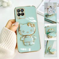 For Realme 8 Mobile Phone Case Fashion Temperament Plating TPU Advanced Rotary Stand Makeup Mirror Hello Kitty Folding Mirror Stand Net Red New Couple Gift Soft Touch Anti slip Anti fall Protective Case