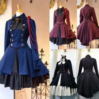 2022 Vintage Gothic Lolita OP Ruffle Bow Tie ปุ่ม Lace Up เข่าความยาวชุดแขนยาวหวาน Dress