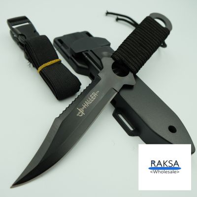 RAKSA Wholesale FX002-Black and silver มีดพกพา มีดเดินป่า มีดดำน้ำ มีดใบตาย มีดเลื่อย มีดสั้น สแตนเลส3CR13 ยาว21ซม. ปลายโค้งคม แถมปลอกพลาสติกและสายรัดขา