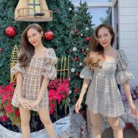 TW15094 เดรสลายสก็อตผุกโบว์หลัง   Plaid dress with bow in the back