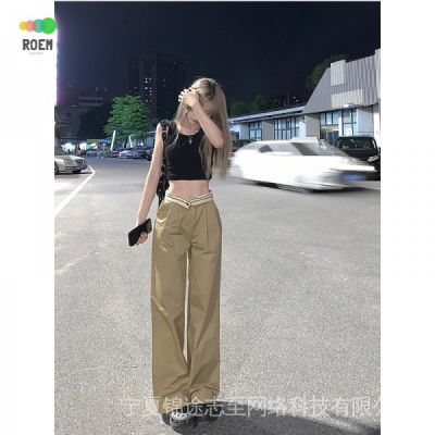 NINI [new season] high waist contrast color flanging striped straight casual trousers childrens summer slimming student loose wide leg suit pants fashion