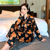 New Bear Printing Front Pocket Long Sleeve Long Pants Sleepwear Fashion Style Casual Style Turn Down Collar Pajamas Set Pj Set