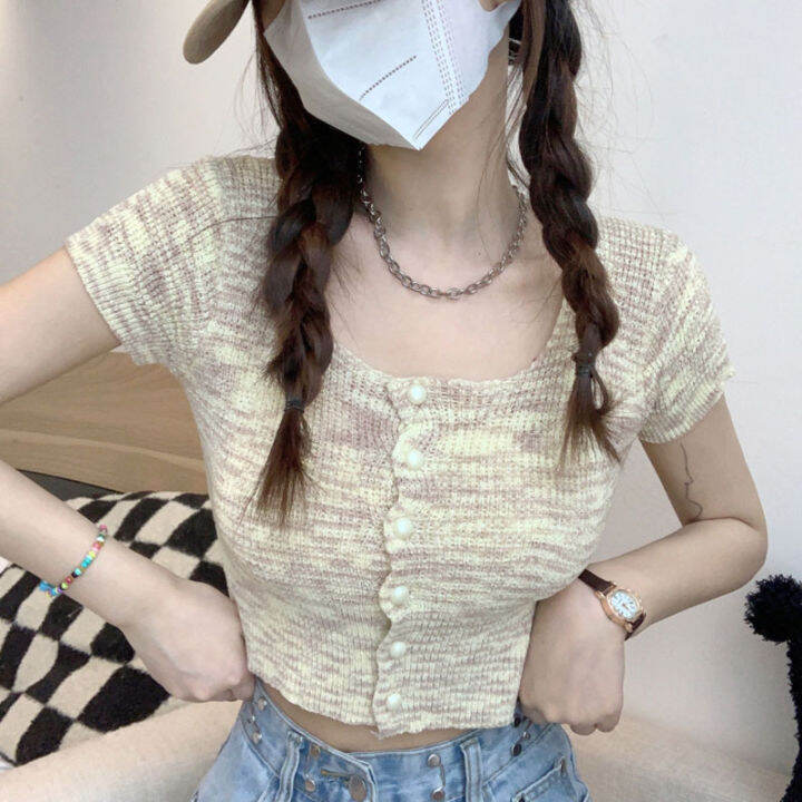 hengshanyuan-เสื้อยืดแขนสั้นผู้หญิงคอกลมเข้ารูปพอดี-cewek-seksi-สไตล์บริสุทธิ์2023