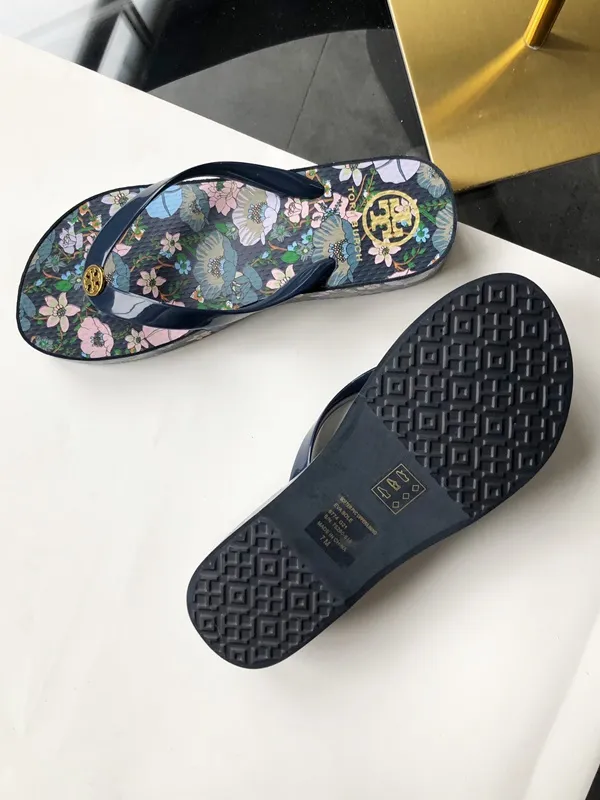 New tory burch pastoral style floral wedges flip-flops heightening clip toe sandals  sandals non-slip beach shoes women's shoes 
