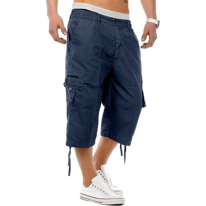 กางเกงขาสั้นคาร์โก้ผู้ชายกางเกงขาสั้นแฟชั่นผ่อนคลายสีทึบกางเกงขาสั้นกลางแจ้งหลายกระเป๋าทำงานลำลอง