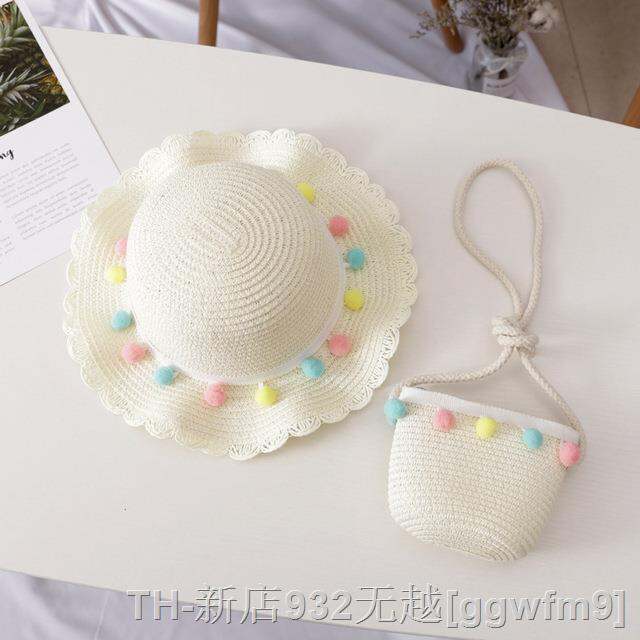 hot-dt-kids-large-wide-brim-woven-protection-beach-hat-colorful-pompom-floppy-cap-handbag