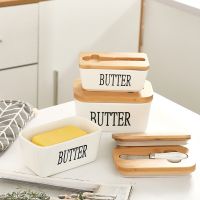 Ceramic Butter Box Cheese Storage Sealing Dish Tray With Wood Lid Knife Food Dish Butter Keeper Tool Plate Container For Kitchen