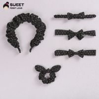 [COD] Korean version of ins fabric white wave point black childrens hair accessories bow headband pleated large intestine circle rabbit ear hairband