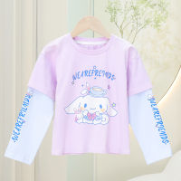 Sanrio เสื้อยืดแขนยาวสำหรับเด็กผู้หญิง,เสื้อยืดผ้าฝ้ายบริสุทธิ์เสื้อโค้ทอเนกประสงค์สองชิ้นปลอมของเด็กผู้หญิงเสื้อยืดรุ่นพื้นฐานแขนยาวของเด็กคอกลม