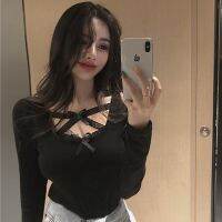 Woherb Long Sleeves Female T Shirt 2020 Spring Summer Sexy Bandage Tops Korean Style Slim Bow Lace T-shirts Black White