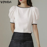 (จัดส่งฟรี)Fancystyle VONDA ผู้หญิงอารมณ์เสื้อสีตัดกันเสื้อยืดคอกลมเรียบง่ายแขนพอง