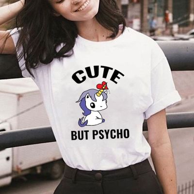 Women Tshirt Cute Unicorn But Psychopath Print Tshirt Tees Graphic 90S Ulzzang Korean 100% Cotton Gildan