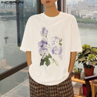 แฟชั่นผู้ชายแขนสั้น INCERUN เสื้อยืดคอกลมพิมพ์ลายดอกไม้กุหลาบเสื้อยืดลำลอง (สไตล์เกาหลี)