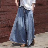 【YD】 Johnature All-match Length Elastic Waist Up Wide Leg Pants 2023 New Loose Pockets Denim