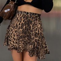 Women Summer Leopard Print Skirt High-Waist Flounce A-Line Elastic Waist Short Skirt with Side Zipper Vintage Casual Skirt