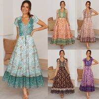 Rayon printing v-neck short-sleeved summer wave sago adah beach holiday dress skirt