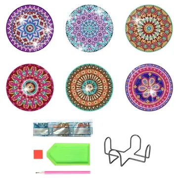 6 Pcs Diamond Painting Coasters with Holder, DIY Mandala Coasters