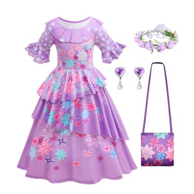 Encanto Cosplay Costume Girl Dress For Carnival Halloween Princess Party Clothes Flower Ruffles Long Dress Girl Mirabel Dress