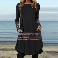 Women Pattern Print Patchwork Loose Dress Lady Casual O Neck A-Line Party Dress 2021 Autumn Winter Long Sleeve Pullover Dresses