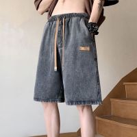 Celana Pendek Denim ฟอกสีสำหรับคร็อปแพนท์ตรงสไตล์เกาหลีผู้ชายฤดูร้อน