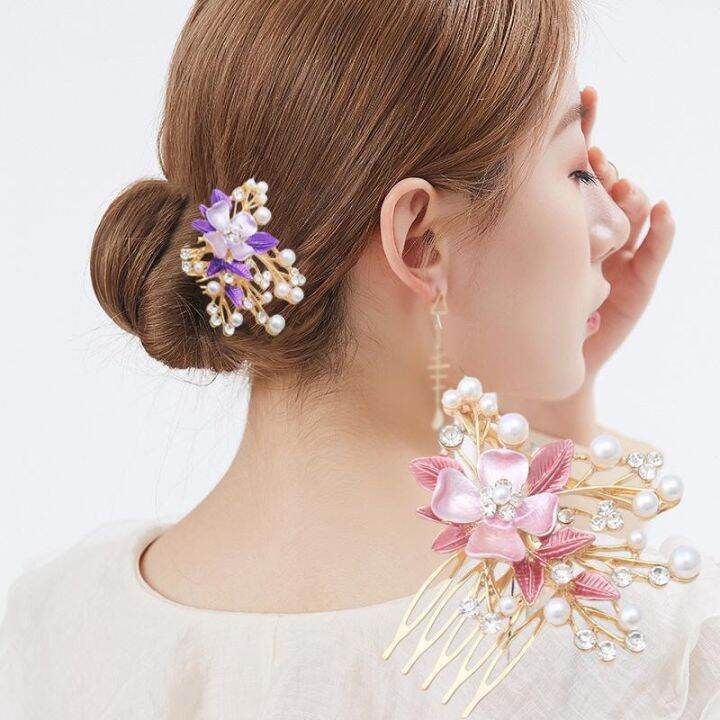 new-five-tooth-metal-hair-comb-korean-ladies-baking-lacquer-flower-insert-comb-four-colors-hair-accessories