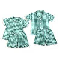 ZZOOI Boutique Summer Pajamas Short Sleeve Green Plaid Siblings Match Kids Clothes Boys And Girls Pyjamas