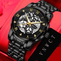 Men Fashion Hollow Imitation Mechanical Needle Walking Watch Luxury Waterproof Calendar Luminous Mens Solid Belt Watch for Men