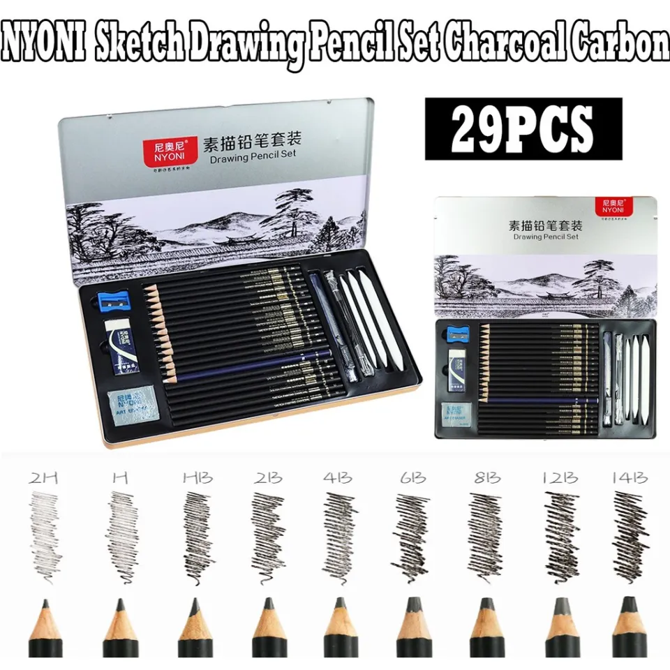 NYONI Drawing Pencil Set Tin Pack With All Accessories 29 PC | Sketch  Painting Charcoal Pencil Set