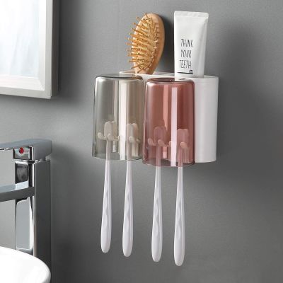 Toothbrush Holder Wall Mounted Family Set No Drilling Electric Toothpaste Rack for Bathroom 2 or 3 Cups