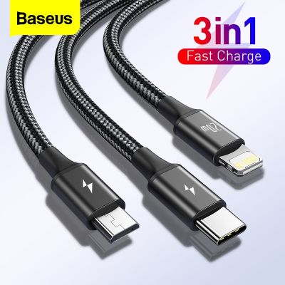 Baseus PD 20W สายเคเบิลชนิด C USB สำหรับ12 Pro Max 3 In 1 USBC ชาร์จเร็ว R สายสำหรับซัมซุงสายดาต้าไมโคร