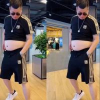 【hot seller】 New ice silk sports and leisure suit summer mens short-sleeved 2023 trendy brand large size round neck thin two-piece set