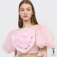 TandT - T-ROSE Top - ROSE EMBROIDERED PUFF SLEEVES GLITTER TULLE CROP TOP  เสื้อคร็อปตัวสั้น ปักดอกกุลาบกลางอก แขนทรงพอง ผ้าตาต่ายลายทางทอกริตเตอร์สีชมพู-เงิน