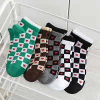 Korea Trend Socks Checkerboard Heart Print Geometric Checkered Summer Socks Cotton Streetwear Novelty Low Cut Socks 5 Pairs Lot